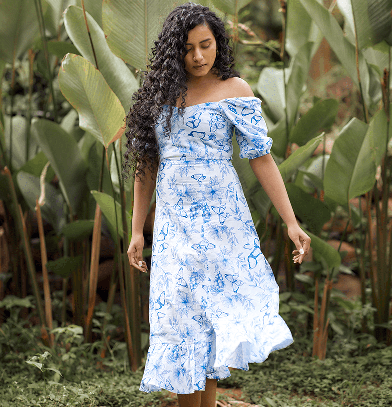 Midi Dress with Fitted Bodice and Flowy Skirt