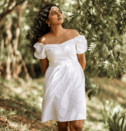 Khadi White Babydoll Dress with puff Slevees - TEEN