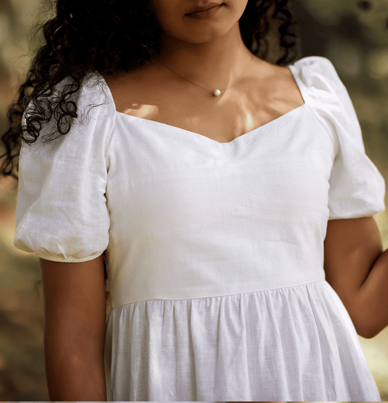 Khadi White Babydoll Dress with puff Slevees - TEEN